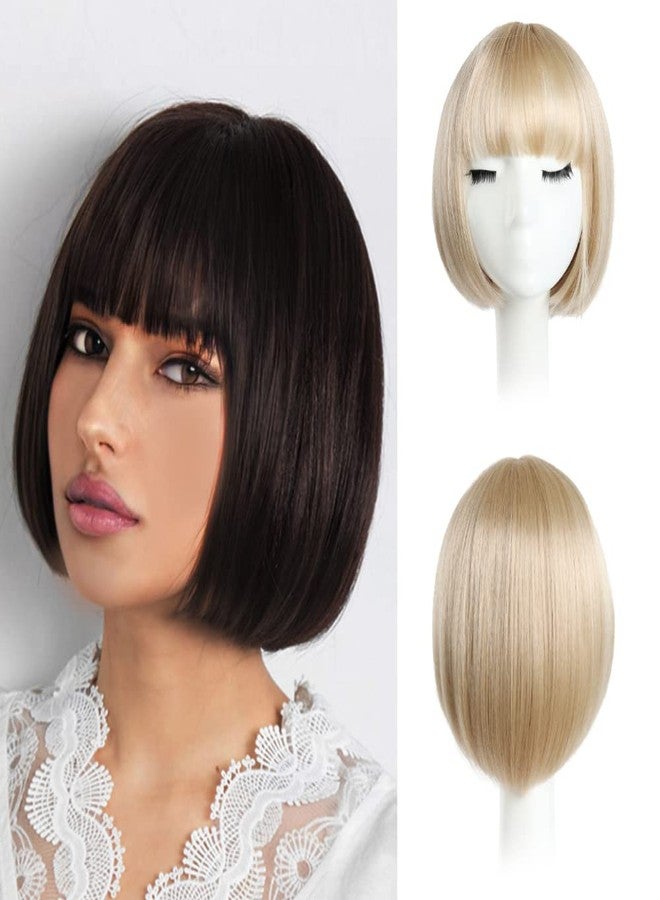 اتش اس بي جيه اتش تي ام شعر مستعار قصير أشقر بوب من HSPJHTM، بطول 10 بوصات، مستقيم مع غرة مسطحة، شعر مستعار صناعي ملون مناسب للتنكر والحفلات اليومية للنساء، يبدو طبيعياً كالشعر الحقيقي (غطاء شعر مستعار مجاني) - Image 1